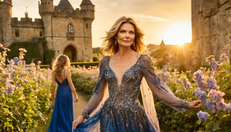 Graceful and fluttering nymph, "Michelle Pfeiffer com vestido Azul longo", olhos brilhantes, pele radiante, cabelos dourados, sorriso encantador, in a garden full of flowers and with a castle in the background with a beautiful sunset.
