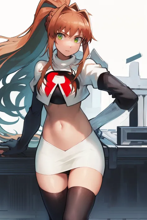 2d, masterpiece, best quality, anime, highly detailed, cowboy shot, 1girl, solo, monika, green eyes, very long hair, ponytail, team rocket,team rocket uniform,white skirt,red letter R,crop top,black thigh-highs,black elbow gloves