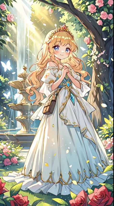 a princess bathed in golden sunlight,elegant and graceful,long flowing hair,crown adorned with shimmering diamonds,royal gown embroidered with delicate flowers,ethereal beauty and charm,soft morning glow,serene and peaceful atmosphere,picturesque garden in...