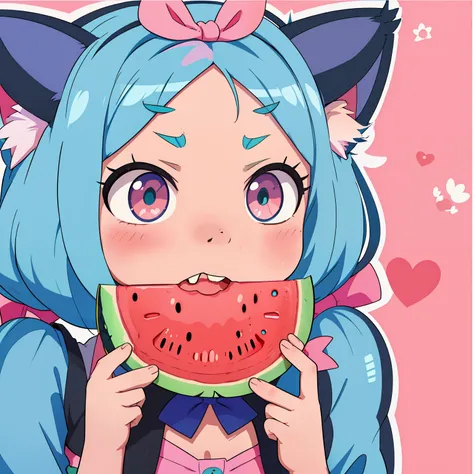 anime girl with blue hair and a cat ears holding a slice of watermelon, material is!!! watermelon!!!, anime girl with cat ears, cute anime catgirl, anime catgirl, mikudayo, hatsune miku portrait, watermeloncore, jinx face, beautiful anime catgirl, very bea...