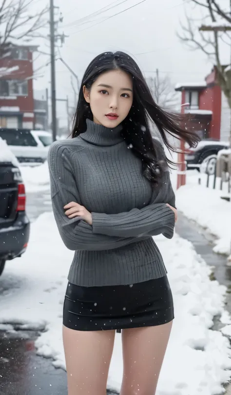 Japanese woman, beautiful face, long black hair, voluminous hair, sweater, tall, beautiful legs, bare legs, stilettos, heavy snow, blizzard, snowfall, strong wind, hair disturbed by the wind