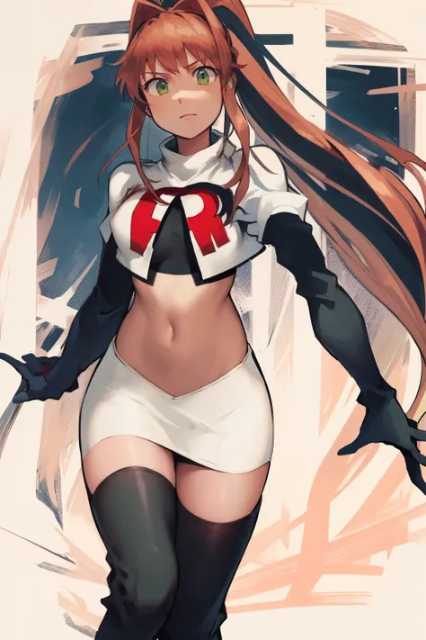 2d, masterpiece, best quality, anime, highly detailed, cowboy shot, 1girl, solo, monika, green eyes, very long hair, ponytail, team rocket,team rocket uniform,white skirt,red letter R,crop top,black thigh-highs,black elbow gloves