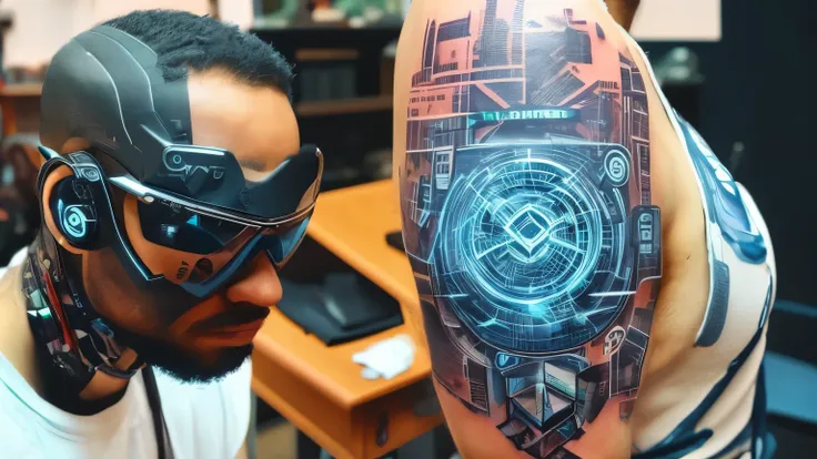 Homem de oculos, nerd e tatuado progamando em um laboratorio, em um mundo distopico futurista