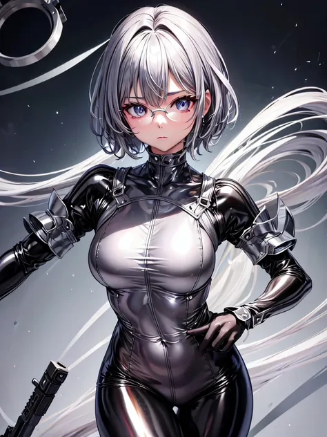 top quality 8k uhd、glasses、silver metallic bodysuit、silver body tights、short hair、glassesをかけた短髪の銀髪美女、upper body up、