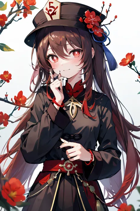 ultra-detailed,(best quality),((masterpiece)),(highres),original,extremely detailed 8K wallpaper,(an extremely delicate and beautiful),anime, BREAK hutao, 1girl, hu tao (genshin impact), solo, brown hair, red eyes, hat, flower, jewelry, looking at viewer, ...