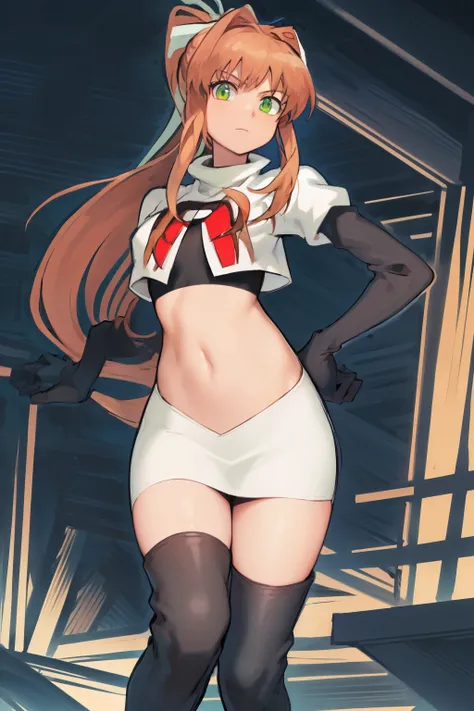 2d, masterpiece, best quality, anime, highly detailed, cowboy shot, 1girl, solo, monika, green eyes, very long hair, ponytail, team rocket,team rocket uniform,white skirt,red letter R,crop top,black thigh-highs,black elbow gloves