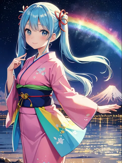 Mt. Fuji in the background　super idol　beautiful girl　charming smile　sky blue hair　hair length　twin tails　white and red、blue and yellow、green、there&#39;s pink there、;Japanese kimono you&#39;ve never seen before、looking at camera　The angel has large rainbow-...