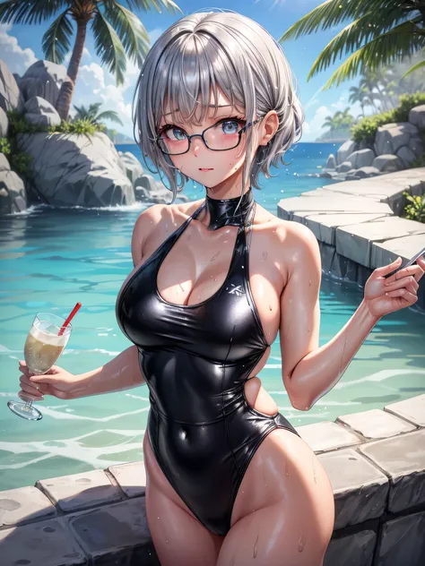 Top quality 8K UHD、glasses、wet silver metallic swimsuit、wet silver swimsuit、wet silver metallic swimsuit、wet silver metallic school swimsuit、short hair、glassesをかけた短髪の銀髪美女、muscular、sweaty、soaking wet、