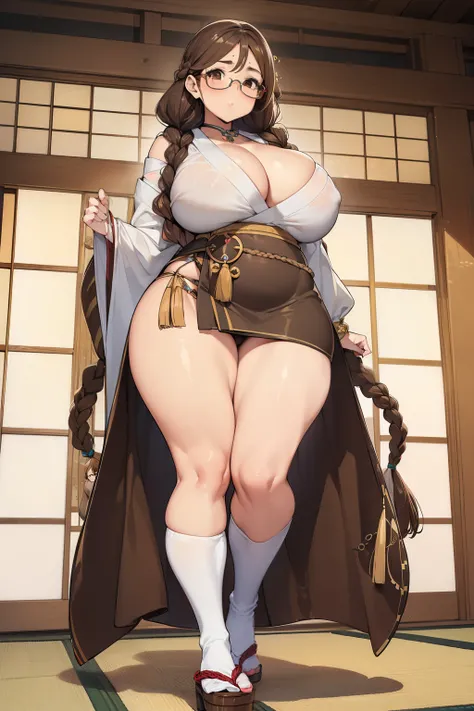 ((Giant saggy tits)),((caderas anchas)),((Chica blanca)),((Long brown hair with braids)),((brown eyes)),((thicc thights)),((gafas)),Thicc MILF,((Ropa de diosa japonesa)),((full body))