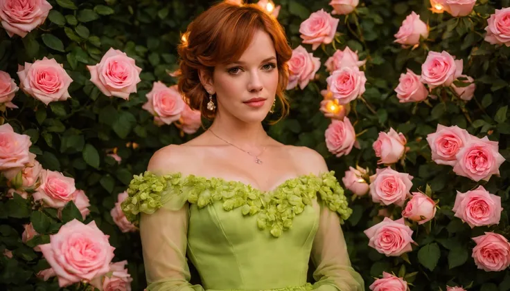 There is a pretty girl (Molly Ringwald), in a long, detailed lime green dress, pink rosas are growing in a bush with lights on the side, Pink Rose Lighting, beautiful and aesthetic, beautiful aesthetic, rosas, rosas in cinematic light, flores brilhantes, m...