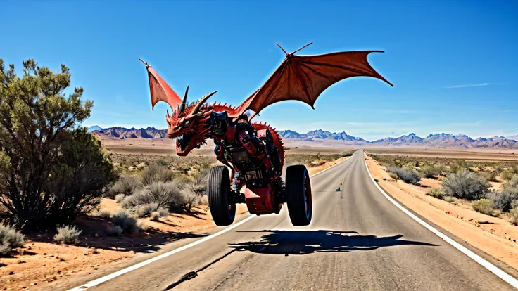 robot dragon flying over the freeway in the desert, buggy chasing, cracked road, sci-fi