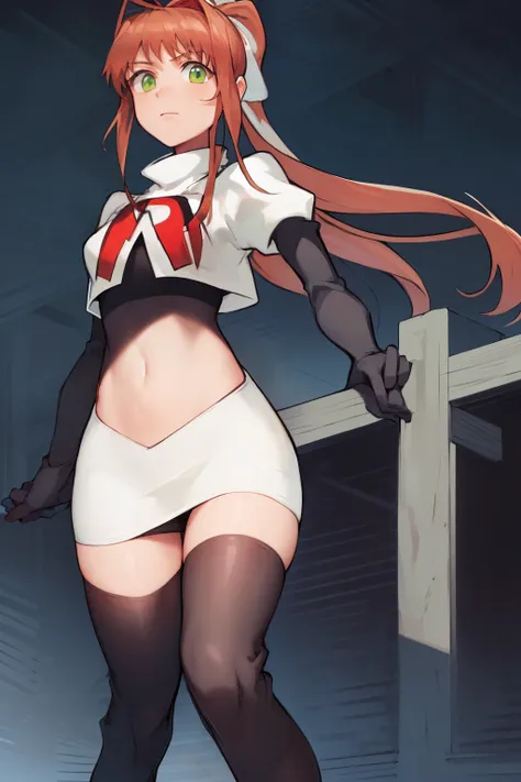 2d, masterpiece, best quality, anime, highly detailed, cowboy shot, 1girl, solo, monika, green eyes, very long hair, ponytail, team rocket,team rocket uniform,white skirt,red letter R,crop top,black thigh-highs,black elbow gloves