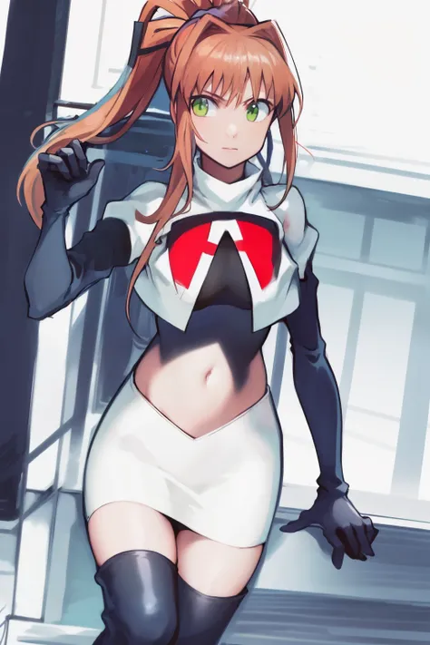 2d, masterpiece, best quality, anime, highly detailed, cowboy shot, 1girl, solo, monika, green eyes, very long hair, ponytail, team rocket,team rocket uniform,white skirt,red letter R,crop top,black thigh-highs,black elbow gloves