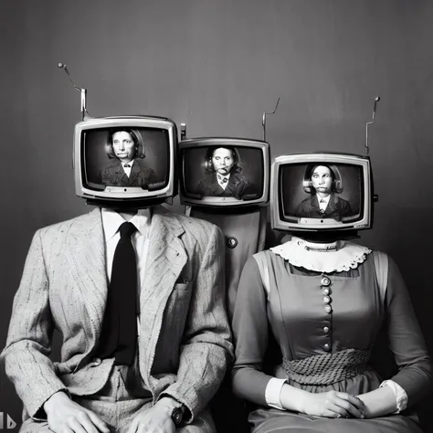 there are two people sitting in front of a tv set with faces on them, television head, black and white television still, television show, television, television still, orwellian dystopia, televisions, they are watching, hugh kretschmer, orwellian, flora bo...