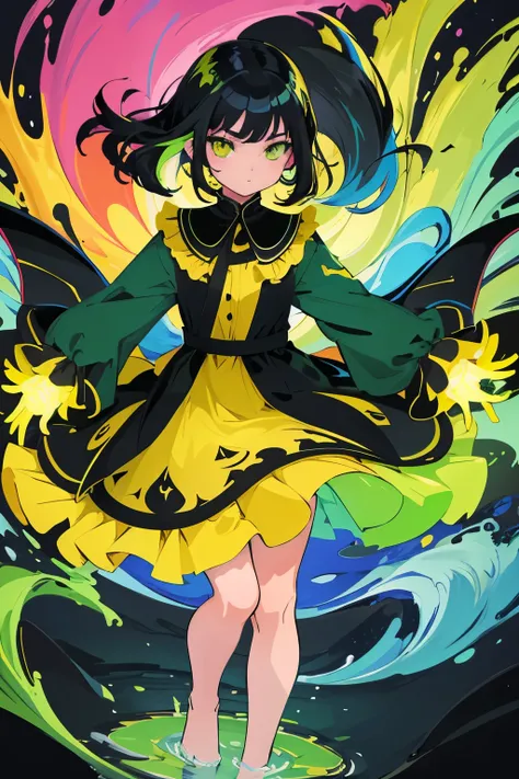 (Flat Color:1.1),(Colorful:1.3),(Masterpiece:1.2), Best Quality, Masterpiece, Original, Very Detailed Wallpaper, Look Viewer,1girl,Solo, Colorful Water Floating, yellow, black and green dress, green flames, yellow and black hair