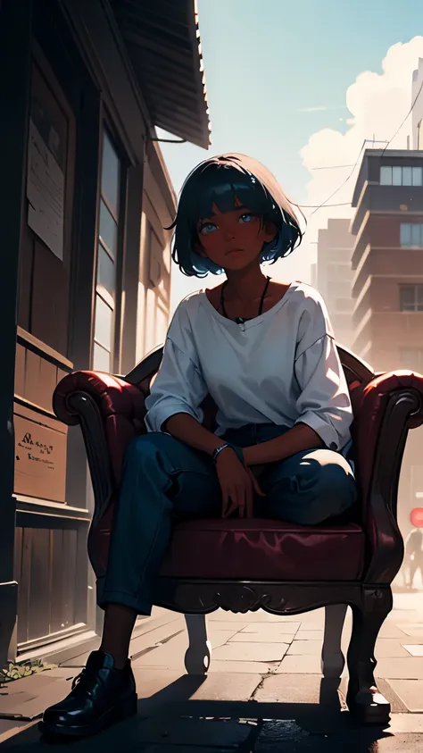 pretty black woman sitting on a hillside, soft hair, funkypop, cyberdelic, grunge, hyperrealistic anime, lofi art, luminism, man...