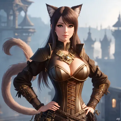 a close up of a woman in a corset with a cat tail, unreal engine character art, beautiful young catgirl, portrait of a steampunk catgirl, attractive cat girl, artgerm ; 3d unreal engine, unreal engine fantasy art, stunning character art, hyperdetailed fant...