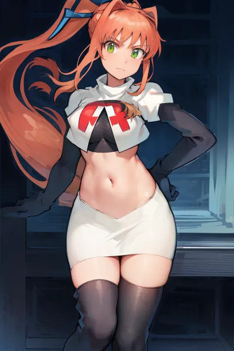 2d, masterpiece, best quality, anime, highly detailed, cowboy shot, 1girl, solo, monika, green eyes, very long hair, ponytail, team rocket,team rocket uniform,white skirt,red letter R,crop top,black thigh-highs,black elbow gloves