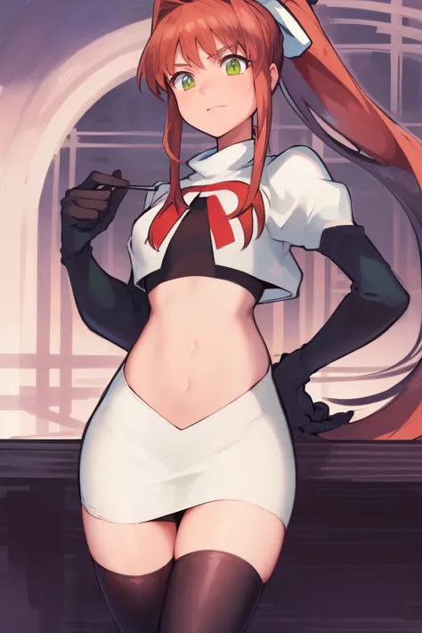 2d, masterpiece, best quality, anime, highly detailed, cowboy shot, 1girl, solo, monika, green eyes, very long hair, ponytail, team rocket,team rocket uniform,white skirt,red letter R,crop top,black thigh-highs,black elbow gloves