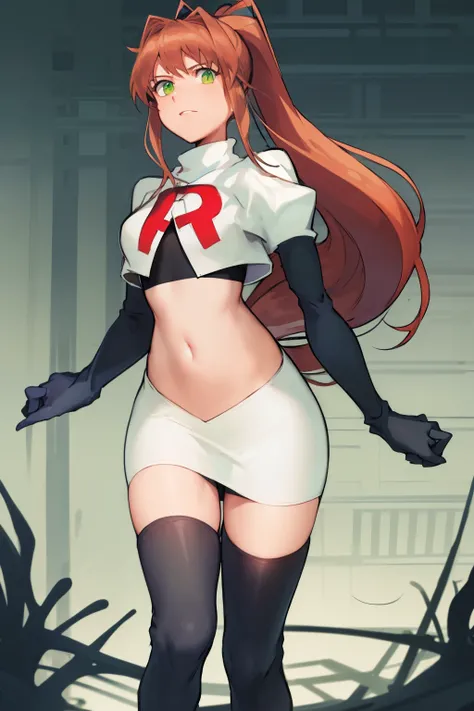 2d, masterpiece, best quality, anime, highly detailed, cowboy shot, 1girl, solo, monika, green eyes, very long hair, ponytail, team rocket,team rocket uniform,white skirt,red letter R,crop top,black thigh-highs,black elbow gloves