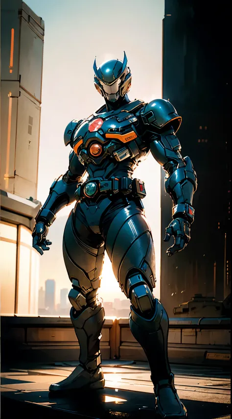 A super  a high-tech biotech battle suit, standing on a rooftop, looking over the city, Japanese tokusatsu and American comic style, biometallic texture of the suit, sleek and shiny, dynamic, fast, natural light, cinematic, high quality, high resolution, h...