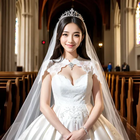 ((highest quality、muste piece、8k、best image quality))、(very young 10 year old bride:1.3)、(pregnancy:1.2)、huge luxury wedding dress、wedding lace、(huge top quality tiara:1.2)、perfect makeup、Slender、(Big breasts that are about to burst:1.2)、(the biggest smile...