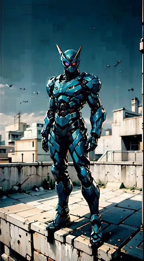 A super  a high-tech biotech battle suit, standing on a rooftop, looking over the city, Japanese tokusatsu and American comic style, biometallic texture of the suit, sleek and shiny, dynamic, fast, natural light, cinematic, high quality, high resolution, h...