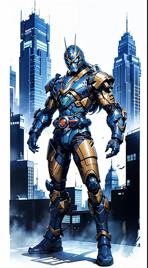 A super  a high-tech biotech battle suit, standing on a rooftop, looking over the city, Japanese tokusatsu and American comic style, biometallic texture of the suit, sleek and shiny, dynamic, fast, natural light, cinematic, high quality, high resolution, h...