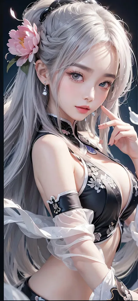 8K masterpiece superb night full moon 1 female Chinese style Chinese architecture mature woman sister silver white long hair woman long hair light pink lips calm rational bangs gray pupil broken flower background, petals dancing, delicate face, delicate ha...