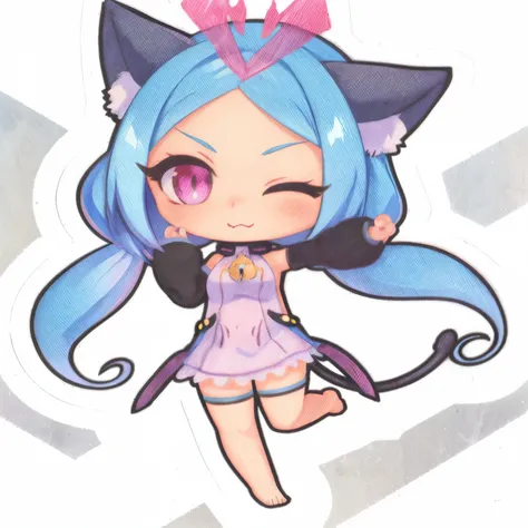 anime character with blue hair and pink eyes and a cat ears, cute!! chibi!!! catgirl, chibi, ahri, anime girl with cat ears, water color nendoroid, cute:2, seraphine ahri kda, cute anime catgirl, style as nendoroid, character art of maple story, very beaut...