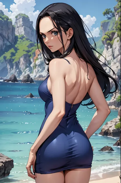 girl, nico robin, one piece, short navy blue dress without prints, big boobs, big ass, from behind, f/16, 85mm, masterpiece, ana...