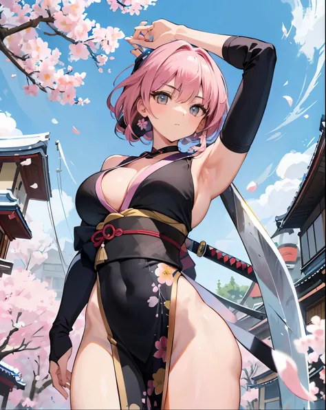 masterpiece of,(perfect anatomy:1.4), best quality, expensive_solve, small details, expensively detailed and beautiful, clear_image、((big breasts))、((one girl)), ((Japanese sword))、(Cherry blossoms are dancing)、(main street)、(((ninja)))、(battle garments)