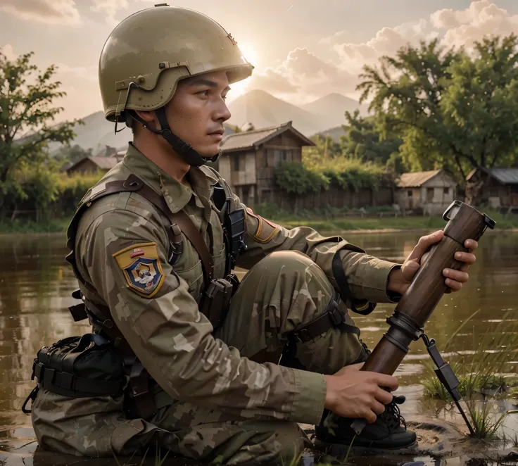 male soldier, Vietnamese face, military helmet, khaki Soviet style military uniform, harnesses and belts with ammunition, he is kneeling with a mortar, military boots, water covers his boots, he is in a rice field, beautiful mountains, red sky, a lot of sm...