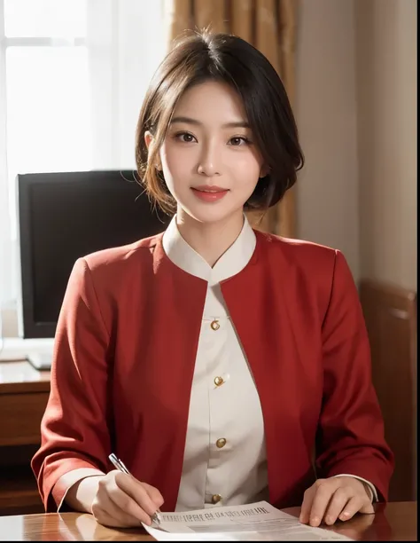 Asian woman in cream clothing sitting at desk, Gentle and lovely，news broadcast, news clips, Smile，high quality news clips, News report, evening news program, television news, girl, news clips, 