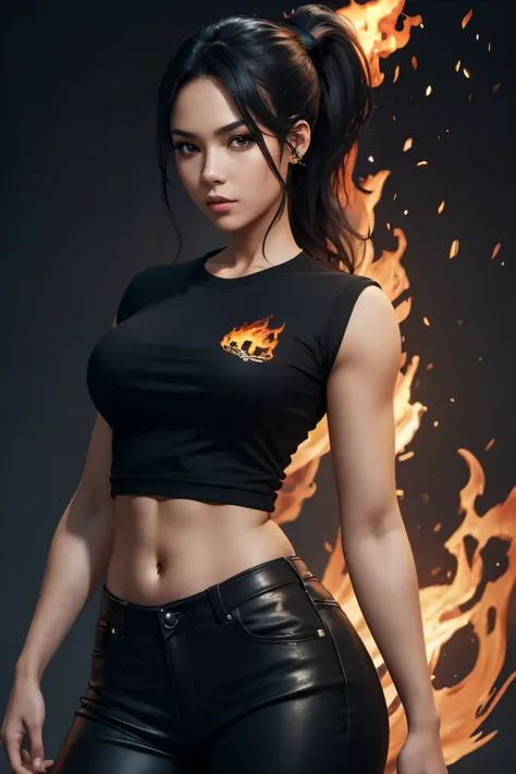 a girl's sloppy appearance mulatto with ponytail black hair, fire, black t-shirt, flames, elegant, digital painting, concept art...