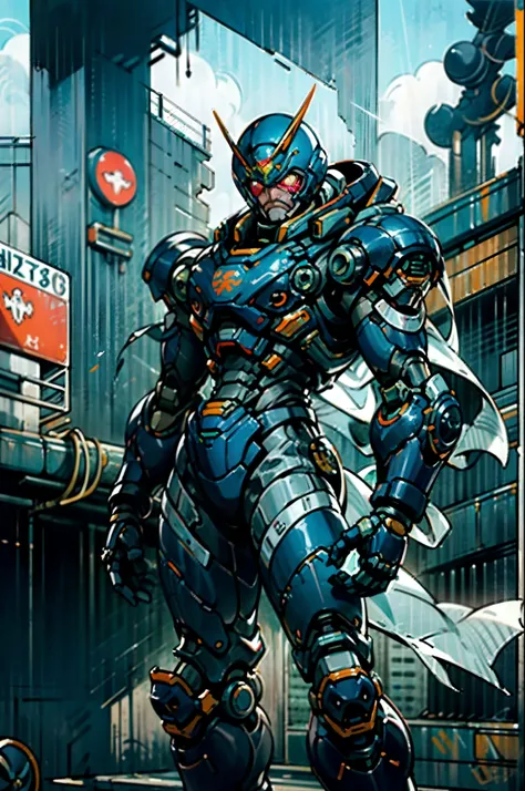 A super a high-tech biotech battle suit, standing on a rooftop, looking over the city, Japanese tokusatsu and American comic style, biometallic texture of the suit, sleek and shiny, dynamic, fast, natural light, cinematic, high quality, high resolution, h...