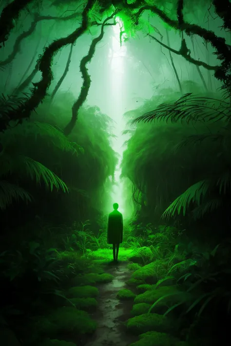 A lone figure stands amidst the lush greenery of a forgotten jungle, their skin adorned with intricate patterns of glowing bioluminescent moss. Their eyes, twin orbs of emerald light, pierce the dense foliage, revealing a path only they can see