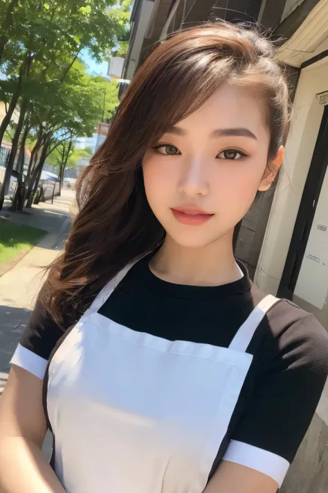 ((highest quality, 32K, masterpiece: 1.portrait, sharp focus, 1 girl, 18 years old, beautiful woman with perfect figure: 1.4, thin abs: 1.1, ((dark brown hair, big: 1.2)), (white shirt, Black Apron: 1.3), street style, super detailed face, fine eyes, doubl...