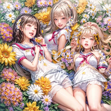 (((4 KAWAII girls laying in a colorful flower space, full of flowers))), ((SFW)), (Acutance:0.8), (Exposed:1.2), (Nipple:-0.9), (Face variations), { Sailor collar Uniform | Delicate white lace knitted wear | Delicate bikini made of flowers }, { Swaguchi Ai...