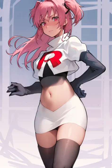 2d, masterpiece, best quality, anime, highly detailed, cowboy shot, 1girl, solo, natsuki, pink eyes, pink hair, medium hair, two side up, hair ribbon, hair ornament, pouty lips,  team rocket,team rocket uniform,white skirt,red letter R,crop top,black thigh...