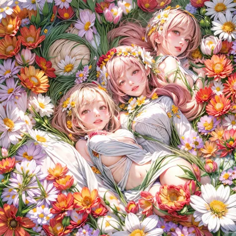 (((4 KAWAII girls laying in a colorful flower space, full of flowers))), ((SFW)), (Acutance:0.8), (Exposed:1.2), (Nipple:-0.9), (Face variations), { Sailor collar Uniform | Delicate white lace knitted wear | Delicate bikini made of flowers }, { Swaguchi Ai...