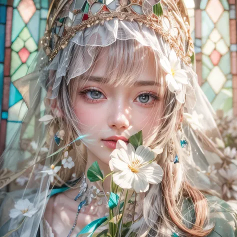 SFW, concept art, Tiny junior idol, Delicate lace knitted white clothes, (Exposed:0.9), (nipple:-0.9), (Dynamic closeup, (Dazzling stained glass Background)), (((Renbutsu Misako), colorful Light shines through stunning elaborate stained glass:1.2)), vivid ...