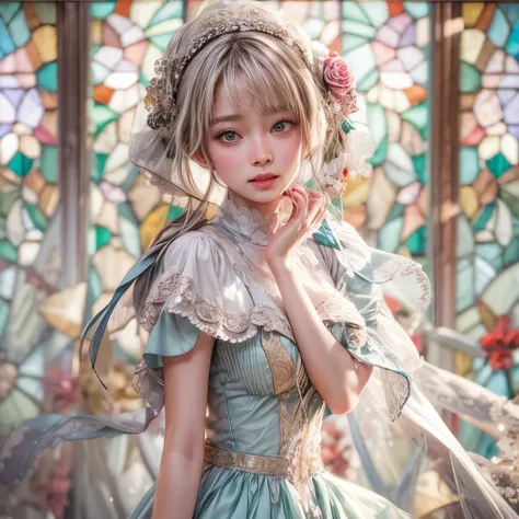 SFW, concept art, Tiny junior idol, Delicate lace knitted white clothes, (Exposed:0.9), (nipple:-0.9), (Dynamic closeup, (Dazzling stained glass Background)), (((Renbutsu Misako), colorful Light shines through stunning elaborate stained glass:1.2)), vivid ...