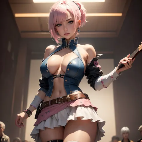 8k, masterpiece, best quality, realistic, higly detailed, cowboy shot, 1girl, solo, Ichika Nakano, very short hair that has a single long strand on the right side, white-pink hair, a single earring, dark blue eyes, average height, well-endowed figure, larg...