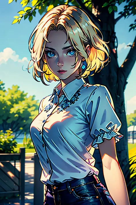 masterpiece, best quality, (extremely detailed CG unit 8k wallpaper),1 girl, light blonde hair, forehead showing, center part, short medium hair, striated irises, blue eyes and light blue eyes, beautiful detailed eyes, bright pupil extremely delicate and b...