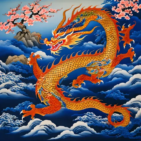 蓝色背景上的龙画, airbrush painting by kishi ganku, shutterstock 大赛获胜者, 景泰蓝主义, 浮世绘, 详细的绘画, 知识共享归属, 杰作, 最好的质量, 高分辨率, 插画风格, 景深, 详细的生物, 详细环...