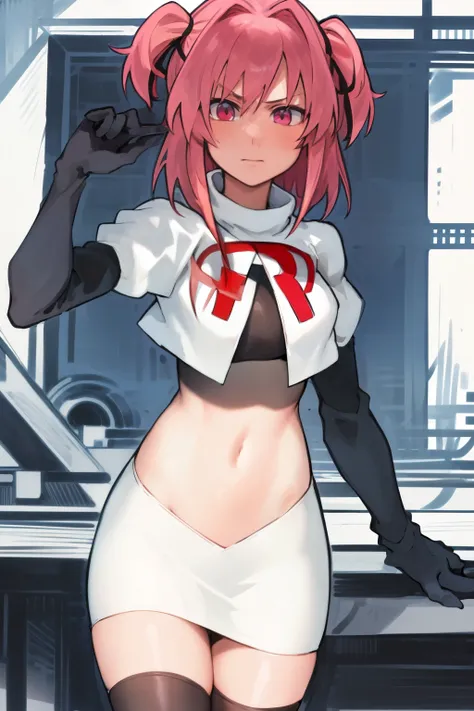 2d, masterpiece, best quality, anime, highly detailed, cowboy shot, 1girl, solo, natsuki, pink eyes, pink hair, medium hair, two side up, hair ribbon, hair ornament, pouty lips,  team rocket,team rocket uniform,white skirt,red letter R,crop top,black thigh...