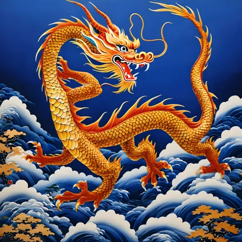 蓝色背景上的龙画, airbrush painting by kishi ganku, shutterstock 大赛获胜者, 景泰蓝主义, 浮世绘, 详细的绘画, 知识共享归属, 杰作, 最好的质量, 高分辨率, 插画风格, 景深, 详细的生物, 详细环...