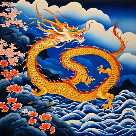 蓝色背景上的龙画, airbrush painting by kishi ganku, shutterstock 大赛获胜者, 景泰蓝主义, 浮世绘, 详细的绘画, 知识共享归属, 杰作, 最好的质量, 高分辨率, 插画风格, 景深, 详细的生物, 详细环...