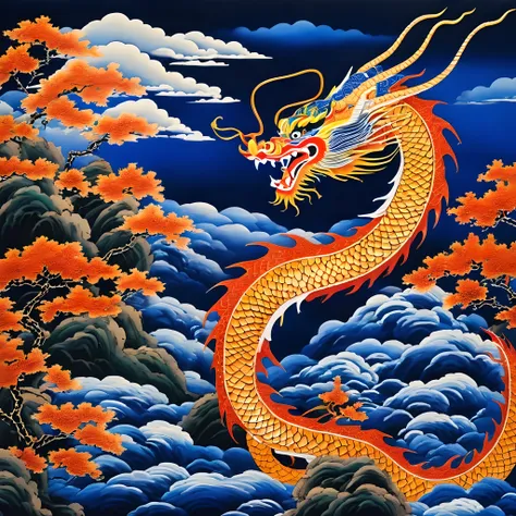 蓝色背景上的龙画, airbrush painting by kishi ganku, shutterstock 大赛获胜者, 景泰蓝主义, 浮世绘, 详细的绘画, 知识共享归属, 杰作, 最好的质量, 高分辨率, 插画风格, 景深, 详细的生物, 详细环...